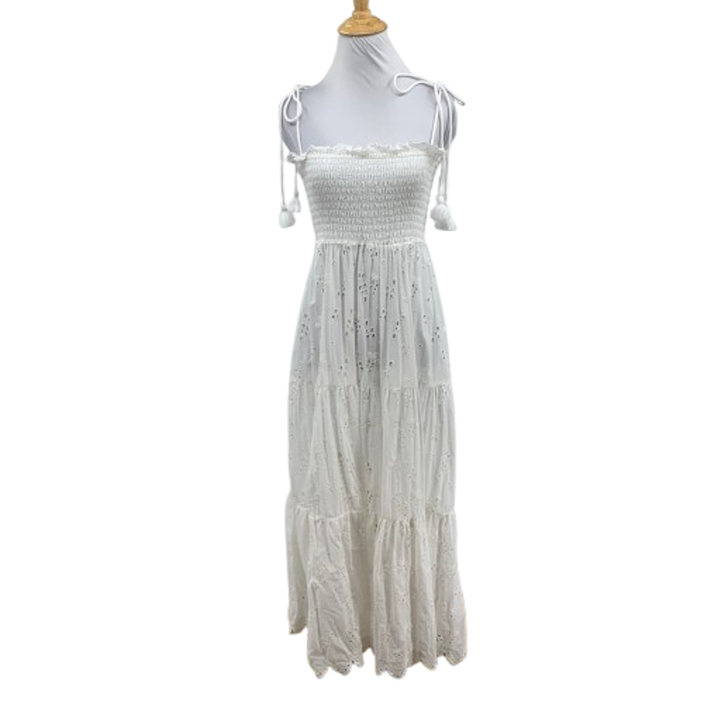 Robin Piccone Dress Women XS Extra Small White Eyelet Smocked Tiered Tassel Midi